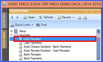 fmcg cash receipts menu